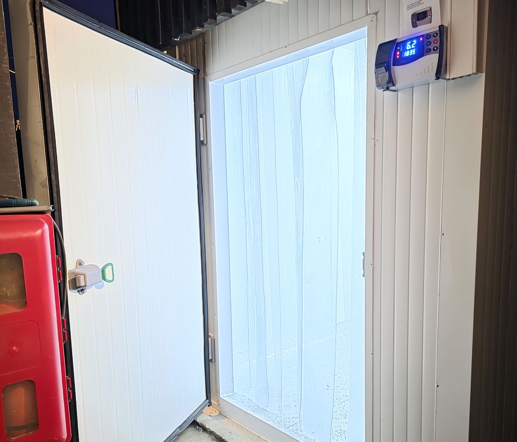 Cámara de congelado CHILETG con la puerta abierta y cortina de PVC